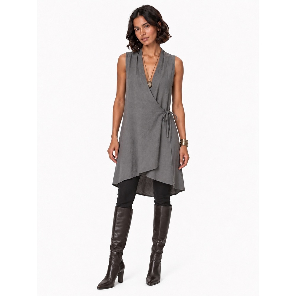 Eileen Fisher Gray Handkerchief Linen Long Wrap Tunic Top Dress Vest S Lagenlook